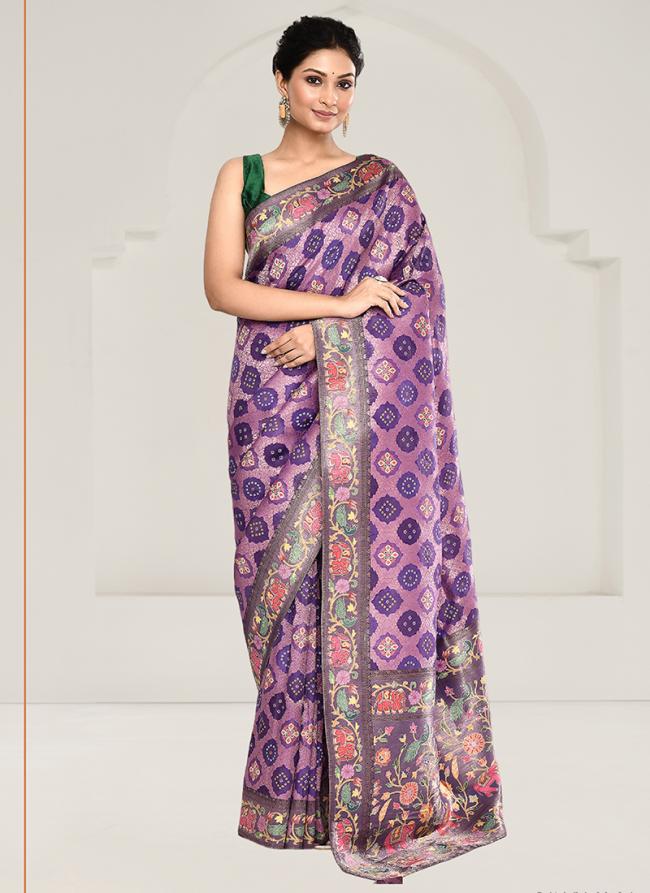 Tussar Silk Purple Casual Wear Kalamkari Work Saree